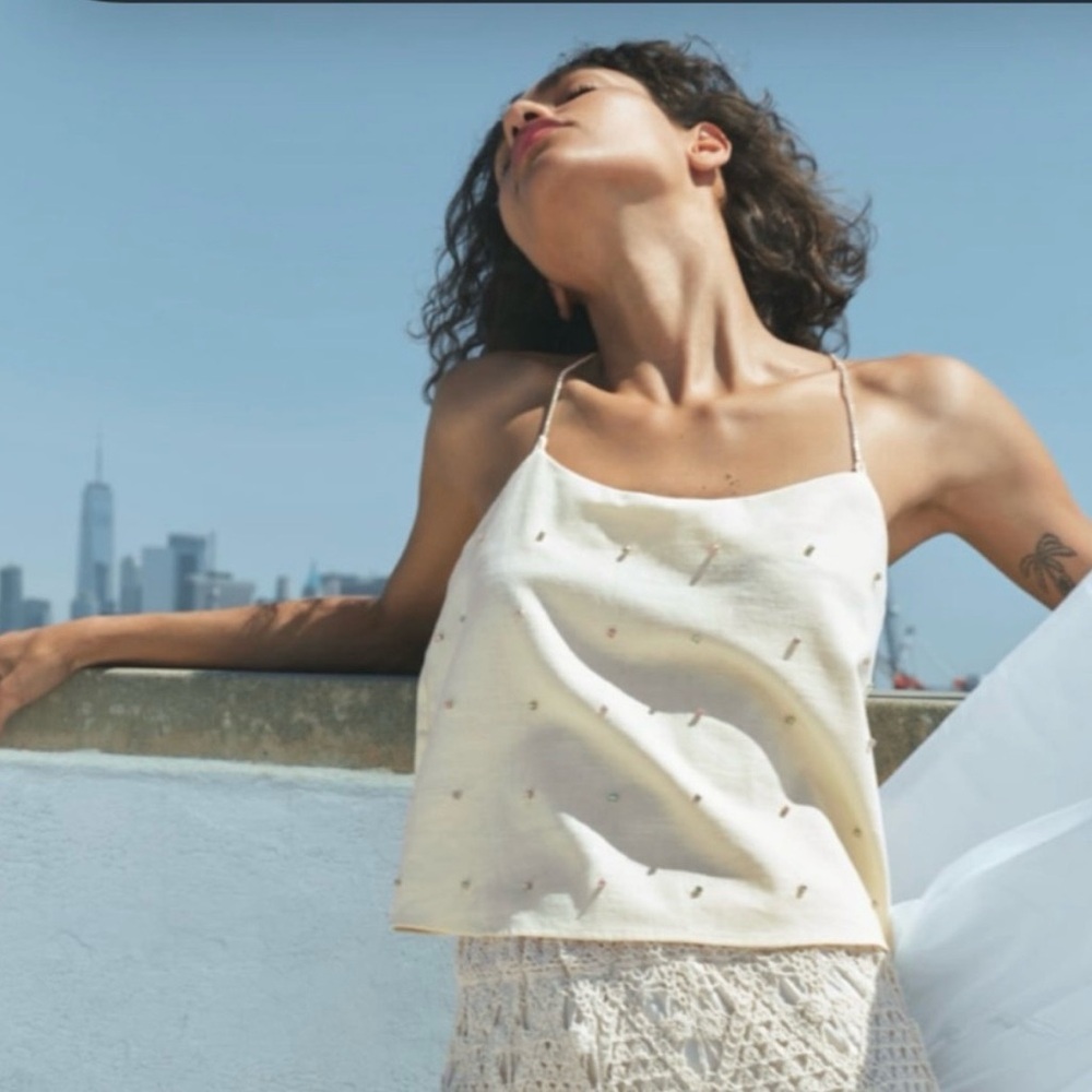 Zara Cream Top Jewel Appliques And Line  Blend Fabric